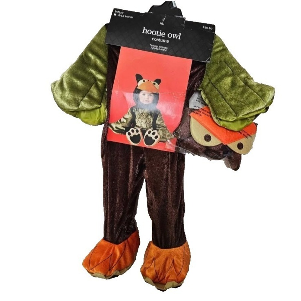 Brown Green Hootie Owl Jumpsuit Costume 6-12 Mos. Hood Halloween Woodland Forest
